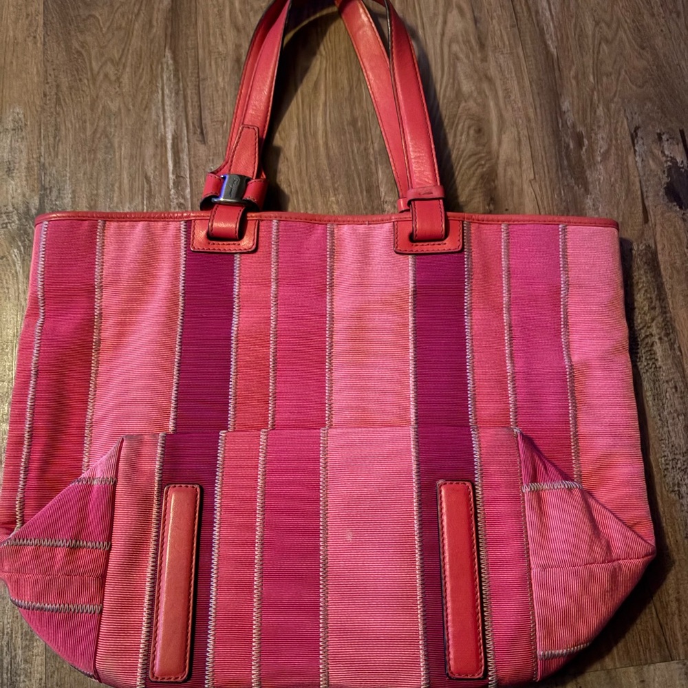 Salvatore Ferragamo Red and Pink Striped Tote